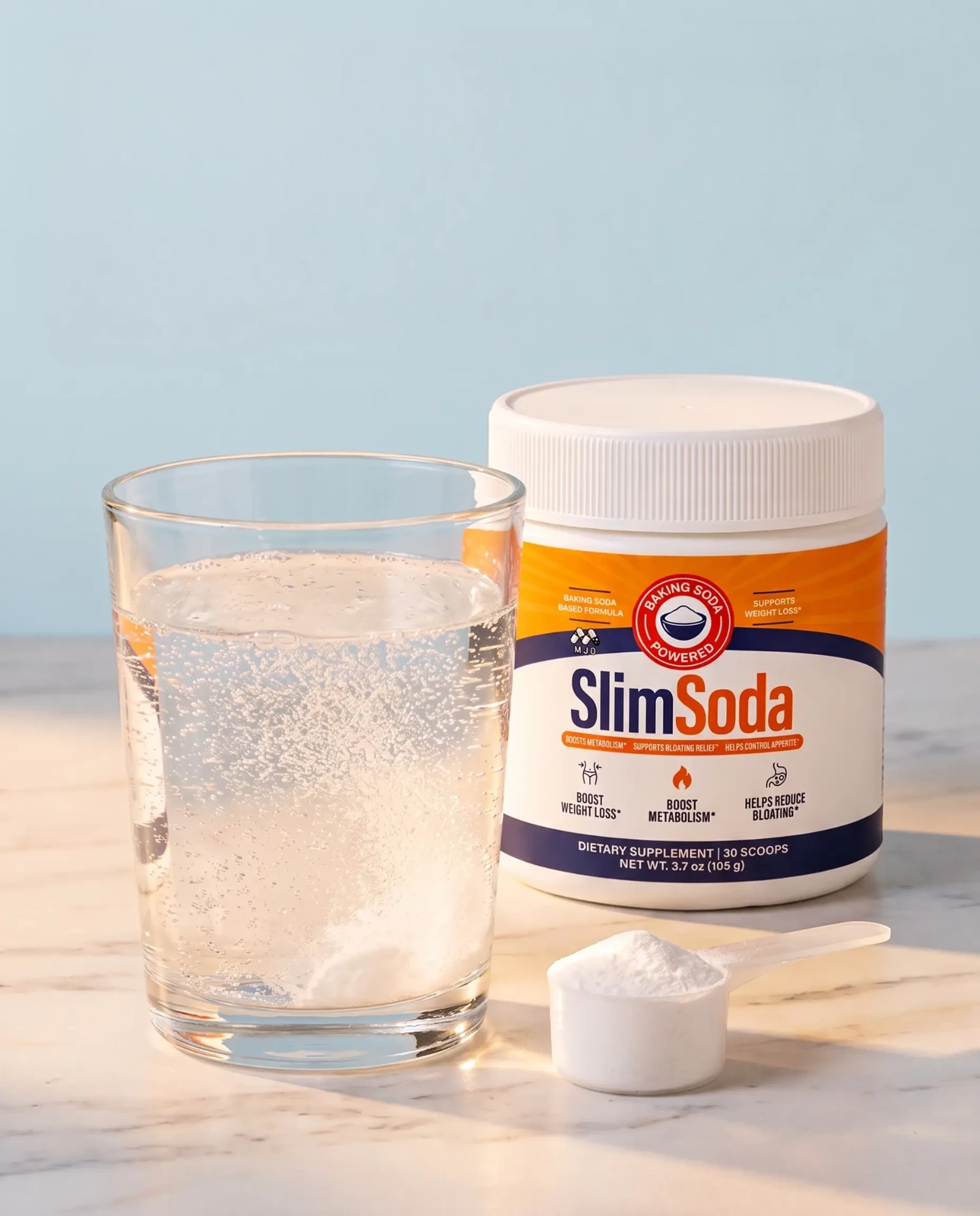 SlimSoda jar beside a glass of water and a scoop of powder