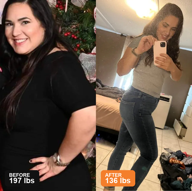 Vanessa before at 197 lbs and after at 136 lbs
