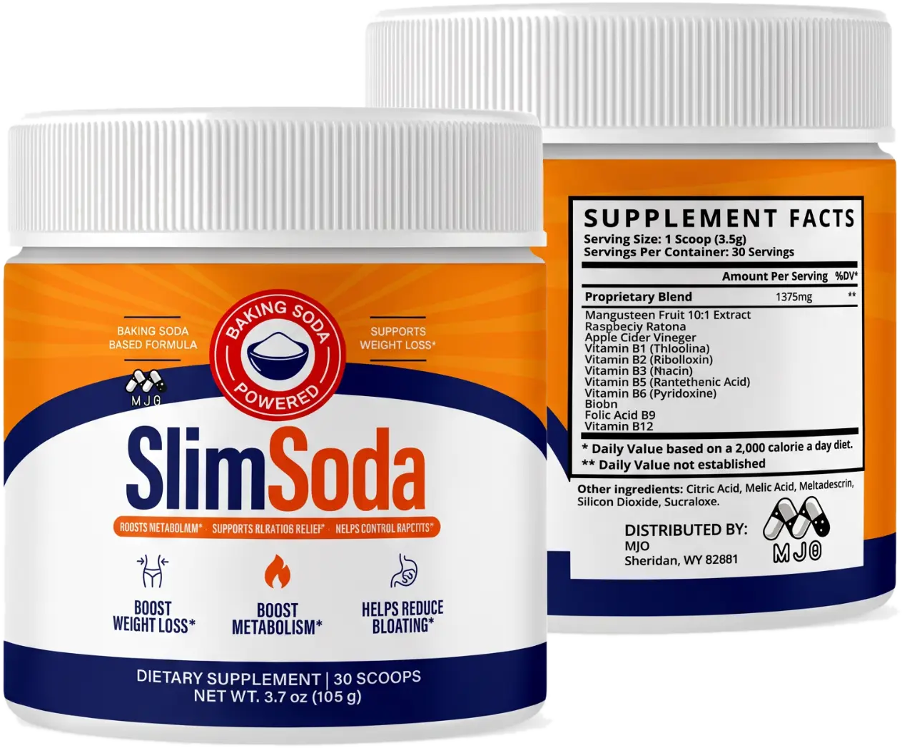 Two SlimSoda supplement powder jars, front label and supplement facts panel