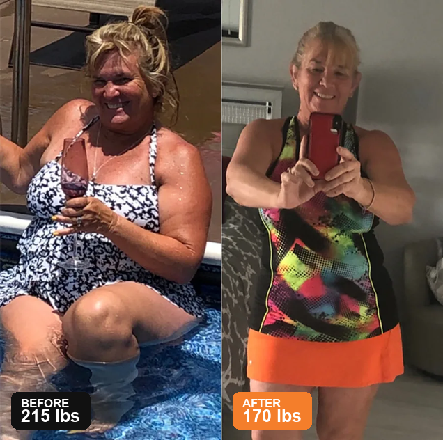 Melinda before at 215 lbs and after at 170 lbs